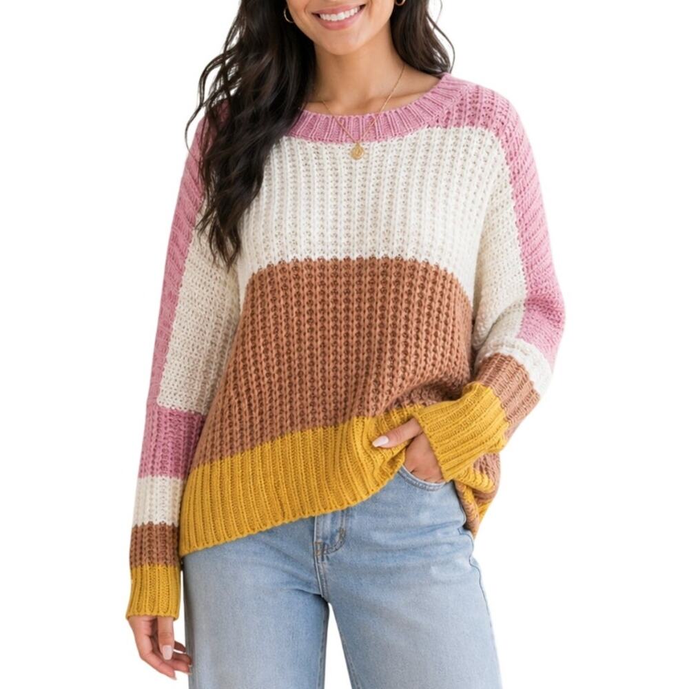 Love J Striped Color Block Oversized Sweater Small Pink Brown Mustard